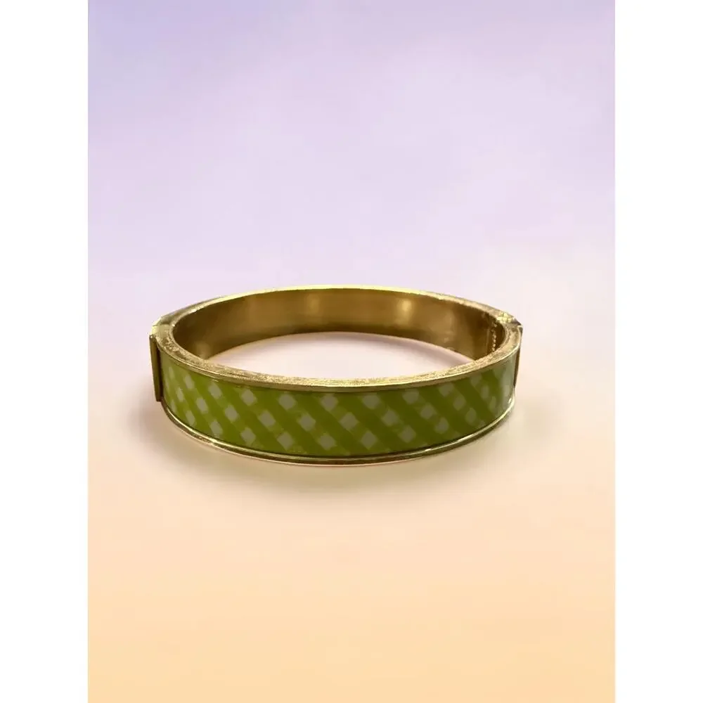 Talbots Green White Plaid Enamel Hinged Bangle Bracelet Gold Tone Preppy